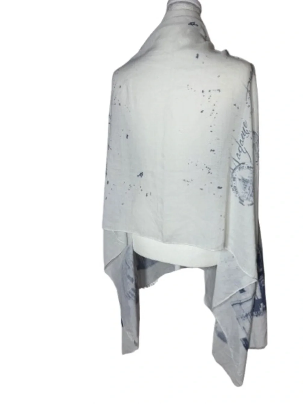 White & Blue Scarf, Shawl, Poncho Sheer Rome, Italy Theme with Fringe